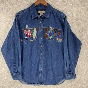 Vtg Telluride Clothing Co Denim Shirt Women's 12 Christmas Embroidery Grannycore